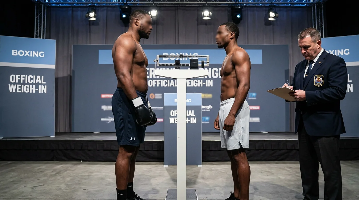 Boxeadores de diferentes categorias de peso durante pesaje oficial antes de combate