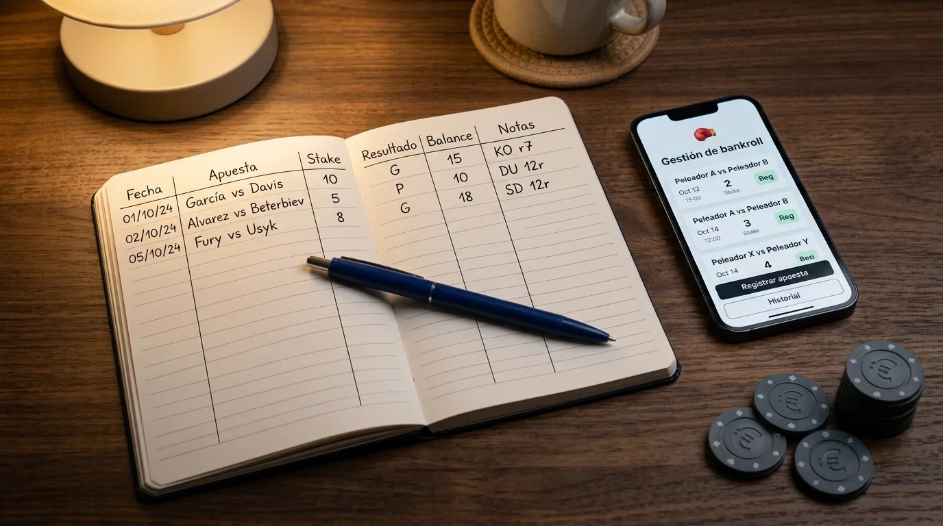 Libreta con anotaciones de seguimiento de apuestas junto a smartphone mostrando cuotas
