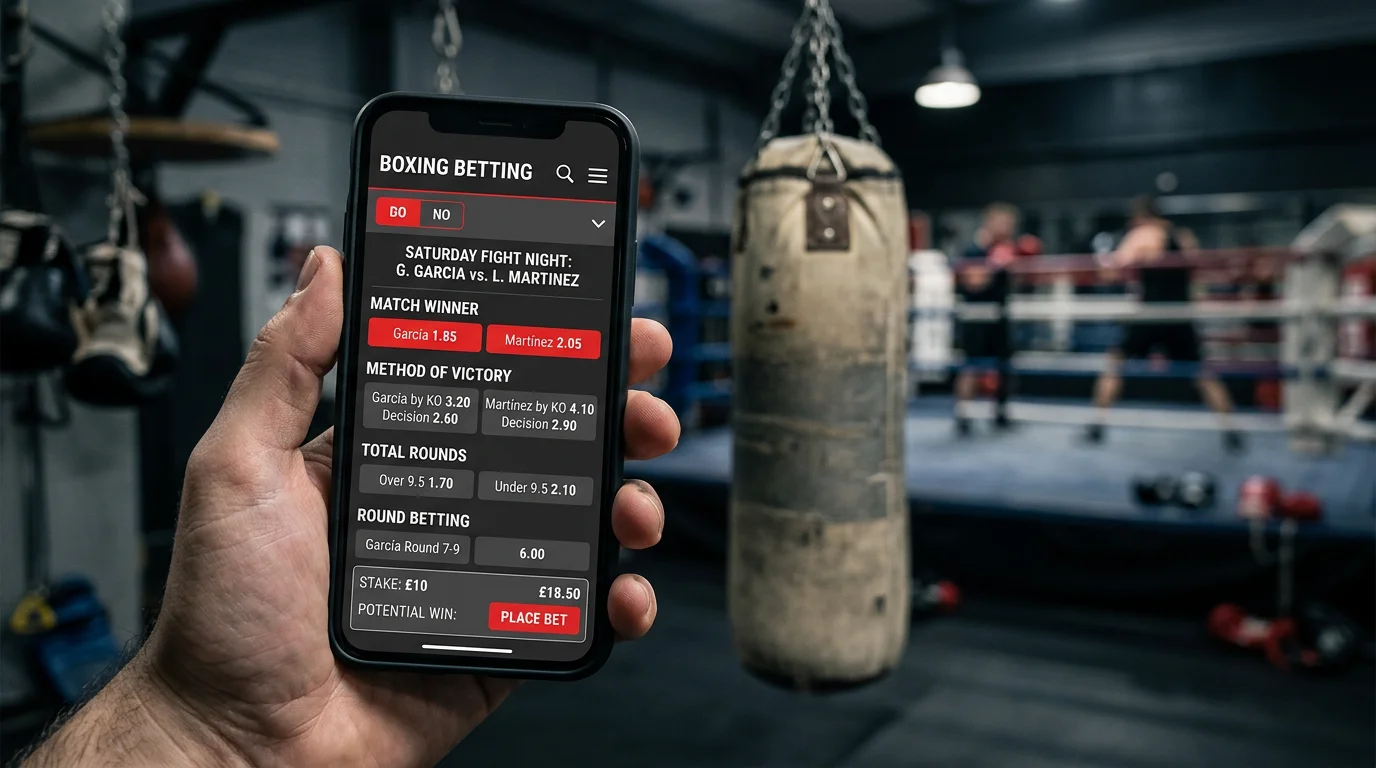Pantalla de dispositivo movil mostrando diferentes mercados de apuestas de boxeo